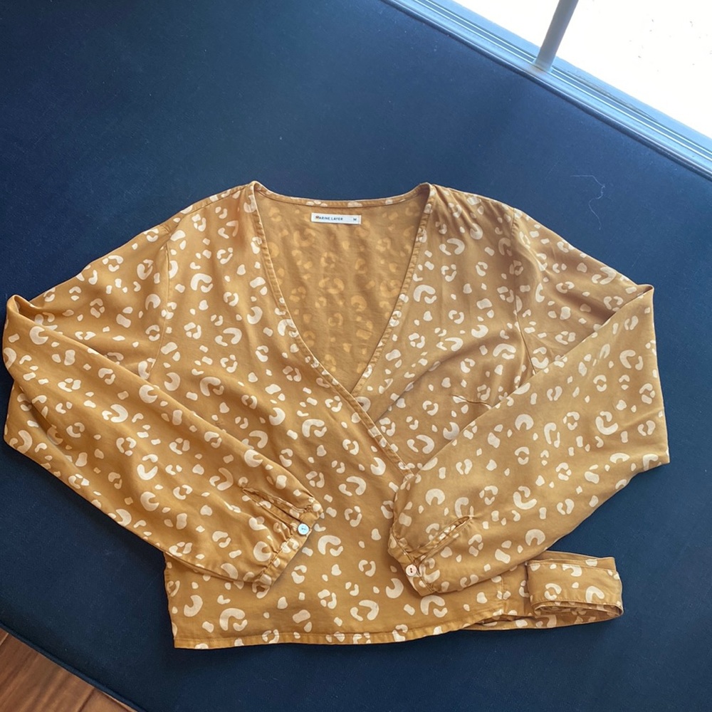 Marine Layer Blouse Women M Wrap Animal Print Mustard Yellow Classic